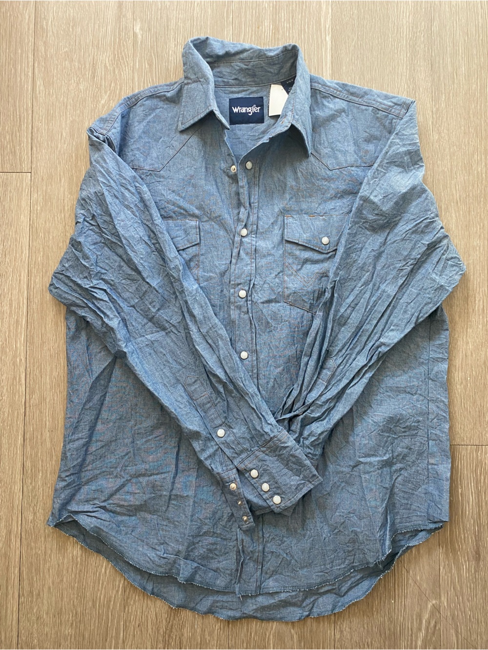 70s Wrangler Shirt Men's Pearl Snap Chambray Denim Western Cowboy Large